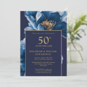 Invitation Chic Navy Blue Gold Floral 50e Anniversaire Photo (Debout devant)
