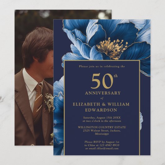 Invitation Chic Navy Blue Gold Floral 50e Anniversaire Photo (Devant / Derrière)