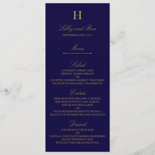 Invitation Chic Navy Blue & Gold Mariage Menu Modèle (Devant)