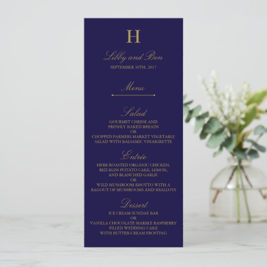 Invitation Chic Navy Blue & Gold Mariage Menu Modèle (Debout devant)