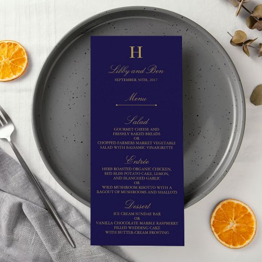 Invitation Chic Navy Blue & Gold Mariage Menu Modèle