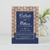 Invitation Chic Navy Blue Gold Parties scintillant Hexagon Ge (Debout devant)