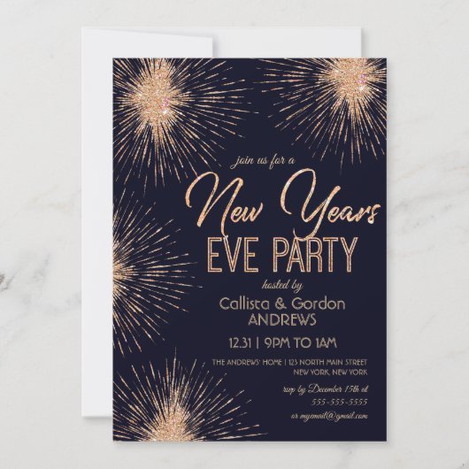 Invitation Chic Navy Blue Gold Parties scintillant Sparkler N (Devant)