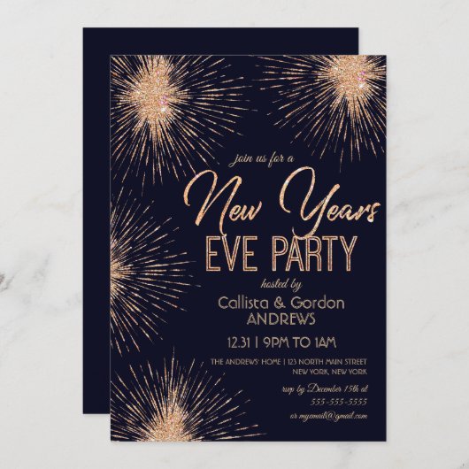 Invitation Chic Navy Blue Gold Parties scintillant Sparkler N (Devant / Derrière)