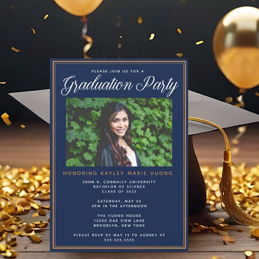 Invitation Chic Navy Blue Gold Photo Party
