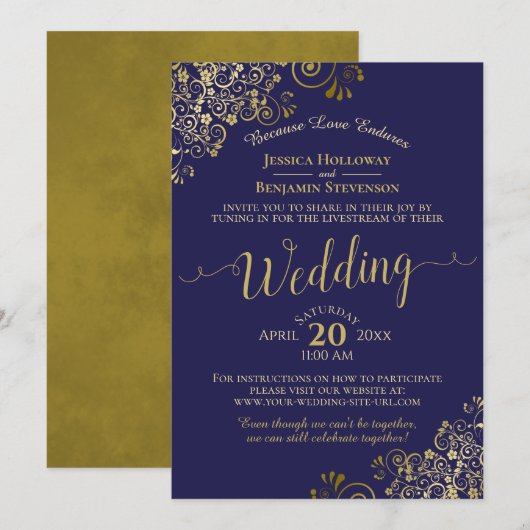Invitation Chic Navy Blue & Gold Virtual Mariage Livestream (Devant / Derrière)