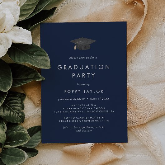 Invitation Chic Navy Blue Grad Casquette fête de graduation