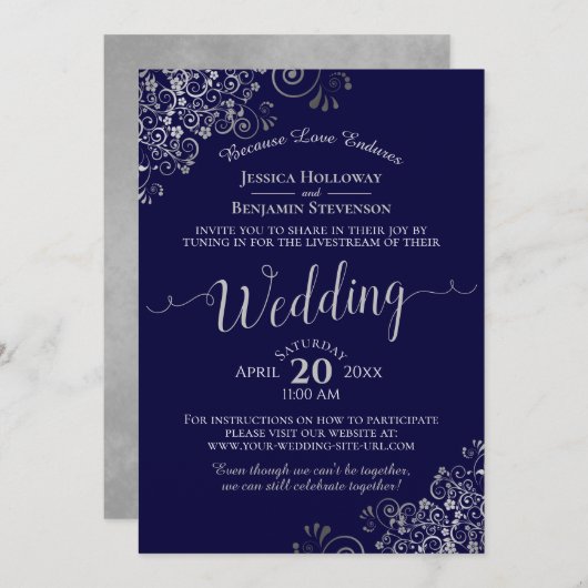 Invitation Chic Navy Blue & Grey Virtual Mariage Livestream (Devant / Derrière)