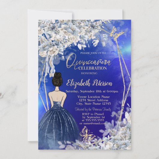 Invitation Chic Navy Blue Robe Girl, Fleurs Bleues Quinceaner (Devant)