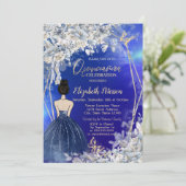 Invitation Chic Navy Blue Robe Girl, Fleurs Bleues Quinceaner (Debout devant)