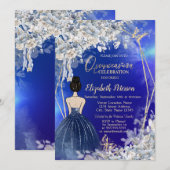 Invitation Chic Navy Blue Robe Girl, Fleurs Bleues Quinceaner (Devant / Derrière)