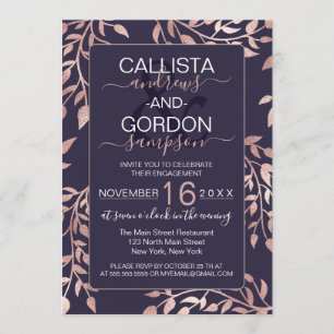 Invitation Chic Navy Blue Rose or Floral Feuille Fiançailles