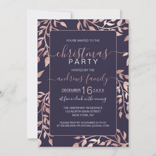 Invitation Chic Navy Blue Rose or Floral Feuilles Noël (Devant)