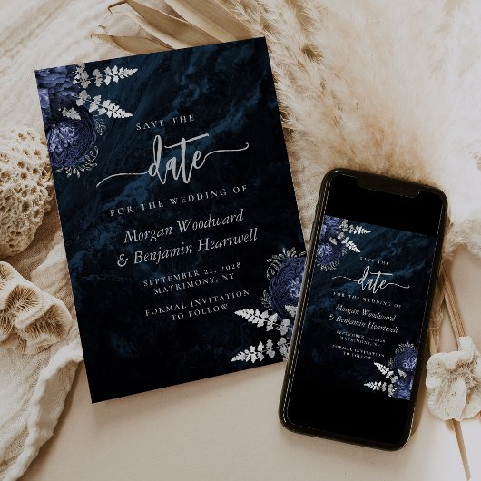 Invitation Chic Navy Blue Silver Floral Wedding Enregistrer l