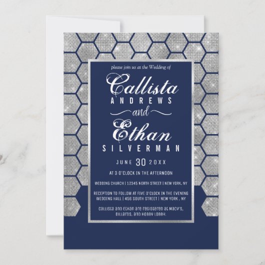 Invitation Chic Navy Blue Silver Parties scintillant Hexagon (Devant)