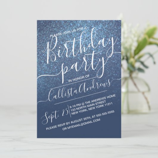 Invitation Chic Navy Blue Sparkly Parties scintillant Ombre A (Debout devant)