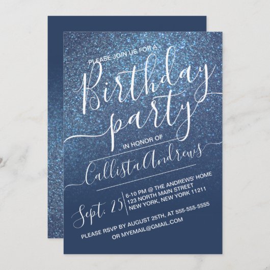 Invitation Chic Navy Blue Sparkly Parties scintillant Ombre A (Devant / Derrière)