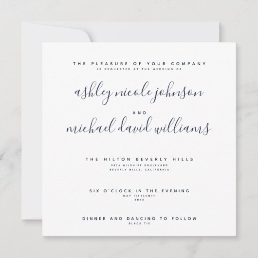 Invitation CHIC NAVY BLUE & WHTE SCRIPT Mariage de typographi (Devant)
