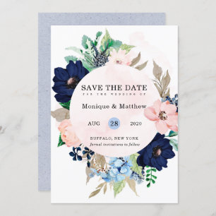 Invitation Chic Navy Blush Rose Floral Mariage Enregistrer La