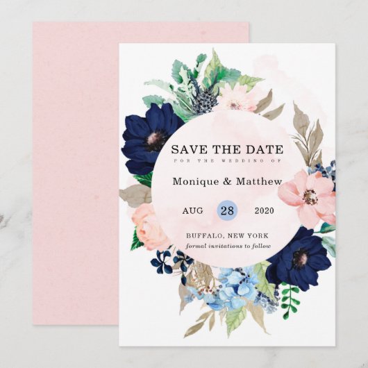 Invitation Chic Navy Blush Rose Floral Mariage Enregistrer La (Devant / Derrière)