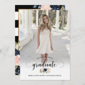 Invitation Chic Navy Blush Rose Floral Photo Party (Devant / Derrière)
