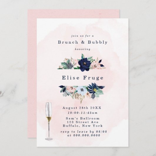 Invitation Chic Navy Blush Rose Florals Brunch & Bubbly (Devant / Derrière)