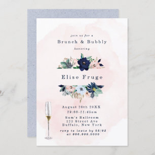 Invitation Chic Navy Blush Rose Florals Brunch & Bubbly Invit