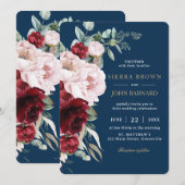 Invitation Chic Navy Burgundy Blush Peonies Floral Mariage (Devant / Derrière)