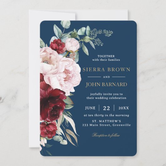 Invitation Chic Navy Burgundy Blush Peonies Floral Mariage (Devant)