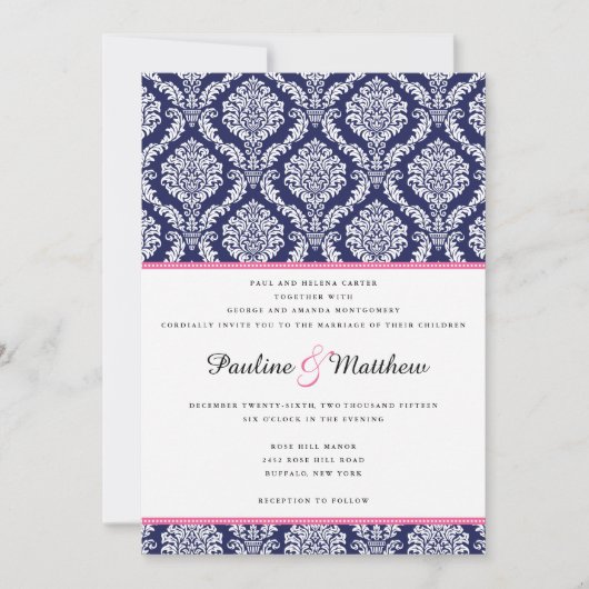 Invitation Chic Navy et Pink Mariage damassé (Devant)