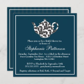 Invitation Chic Navy et White w Damask Fête de l'mariée Tea P (Devant / Derrière)
