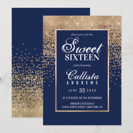 Invitation Chic Navy Gold Parties scintillant Confetti Photo (Devant / Derrière)