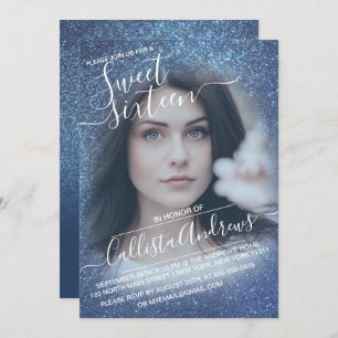 Invitation Chic Navy Parties scintillant Bleue Ombre Photo Sw