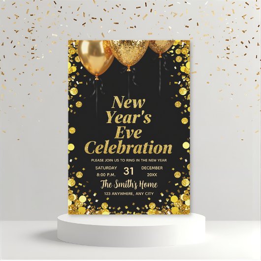 Invitation Chic New Year' Eve Party Gold Glitter Black