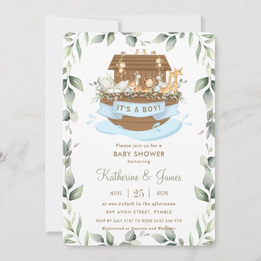 Invitation Chic Noah's Ark Animaux Baby shower Garçon de verd (Devant)