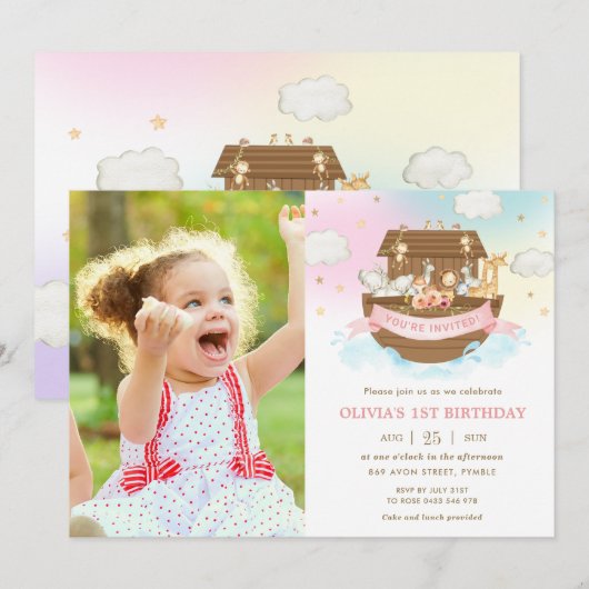 Invitation Chic Noah's Ark Cute Animals Girl Birthday Photo (Devant / Derrière)