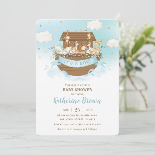 Invitation Chic Noah's Ark Cute Animaux Baby shower garçon In (Debout devant)