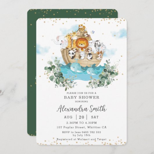 Invitation Chic Noah's Ark Greenery Cute Animals Baby shower (Devant / Derrière)