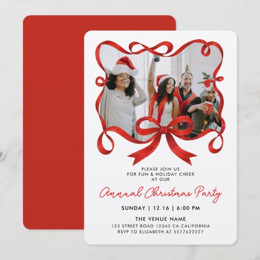 Invitation Chic Noël Photo Ruban Rouge Calligraphie Script (Devant / Derrière)