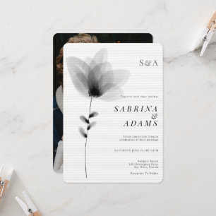 Invitation Chic noir blanc floral photo Mariage monogramme