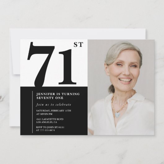 Invitation Chic noir blanc photo 71e anniversaire (Devant)