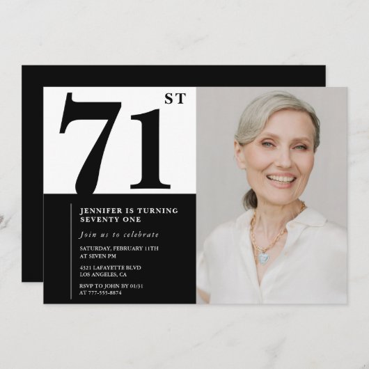 Invitation Chic noir blanc photo 71e anniversaire (Devant / Derrière)