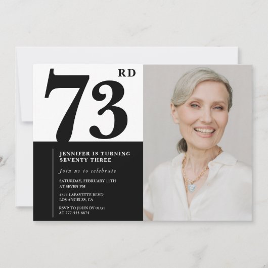 Invitation Chic noir blanc photo 73e anniversaire (Devant)