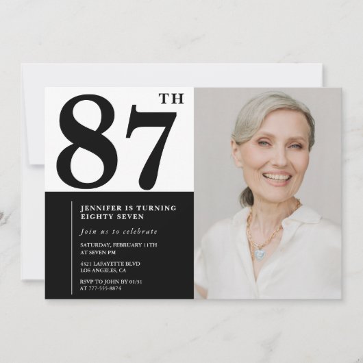 Invitation Chic noir blanc photo 87e anniversaire (Devant)