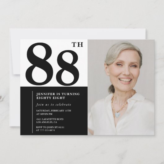 Invitation Chic noir blanc photo 88e anniversaire (Devant)