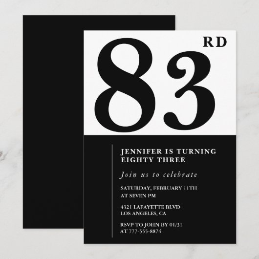 Invitation Chic noir blanc pour son 83e anniversaire (Devant / Derrière)