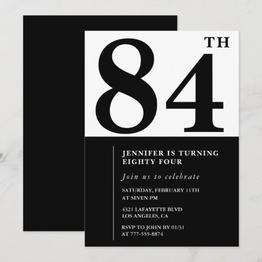 Invitation Chic noir blanc pour son 84e anniversaire (Devant / Derrière)