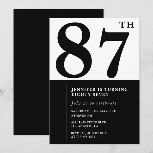 Invitation Chic Noir Blanc pour son 87e anniversaire (Devant / Derrière)