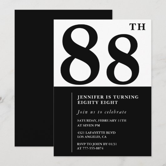Invitation Chic Noir Blanc pour son 88ème anniversaire (Devant / Derrière)