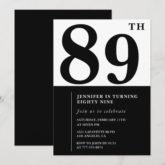 Invitation Chic noir blanc pour son 89e anniversaire (Devant / Derrière)